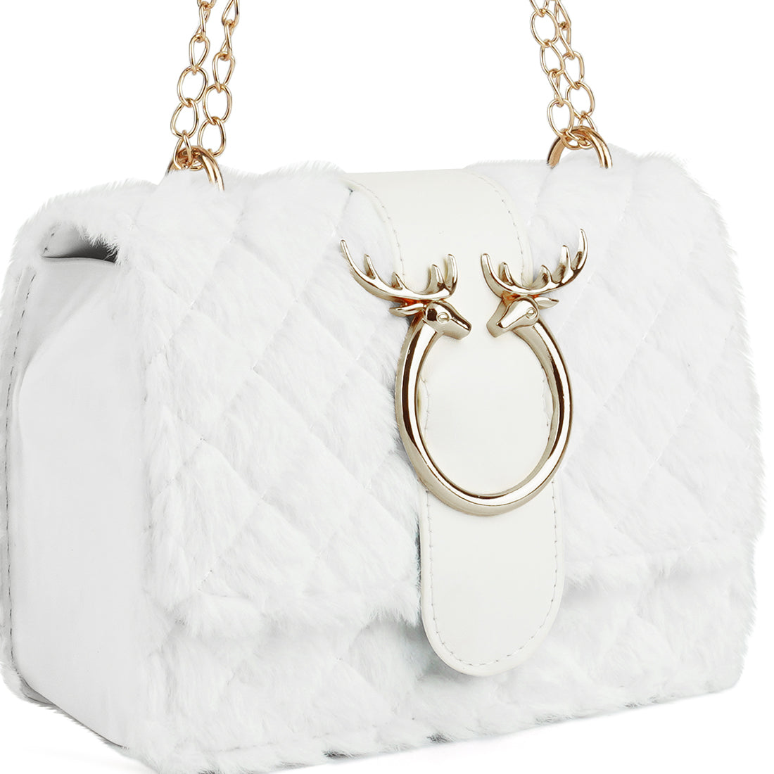 A stylish Furry Mini Sling Bag featuring faux fur material, fancy buckle details, and a long chain for versatile carrying options.