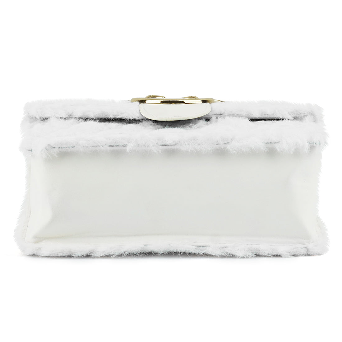 A stylish Furry Mini Sling Bag featuring faux fur material, fancy buckle details, and a long chain for versatile carrying options.