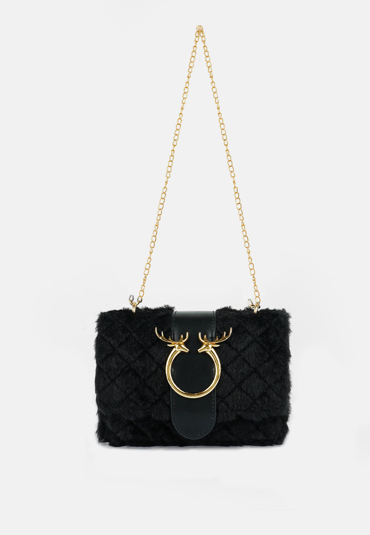 A stylish Furry Mini Sling Bag featuring faux fur material, fancy buckle details, and a long chain for versatile carrying options.