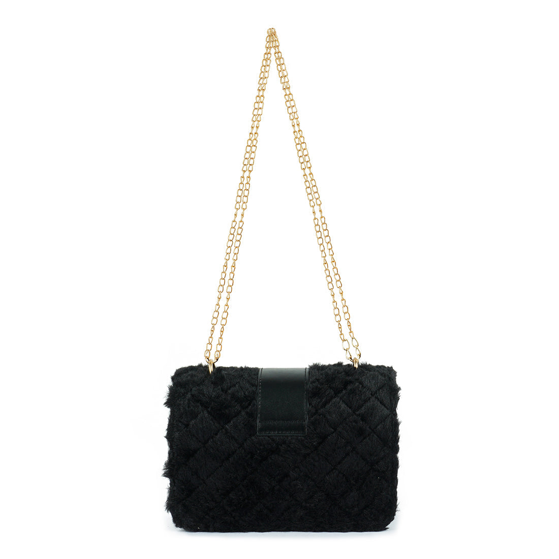 A stylish Furry Mini Sling Bag featuring faux fur material, fancy buckle details, and a long chain for versatile carrying options.