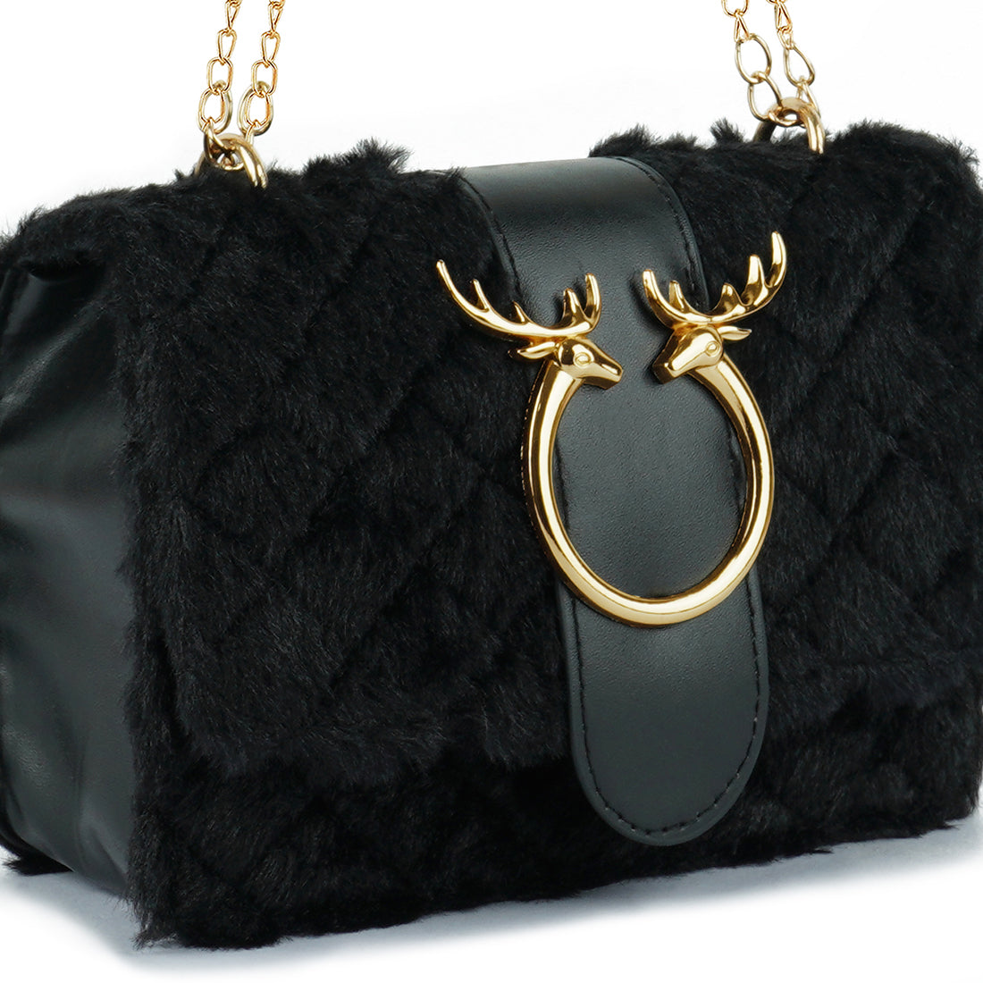 A stylish Furry Mini Sling Bag featuring faux fur material, fancy buckle details, and a long chain for versatile carrying options.