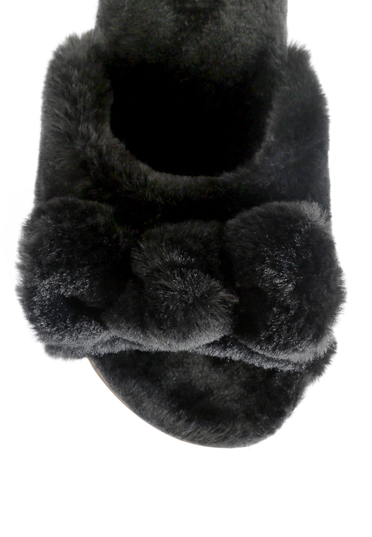 Fuzz Bow Fur Flats showcasing faux fur upper, stylish bow detail, and open toe design, perfect for indoor comfort.