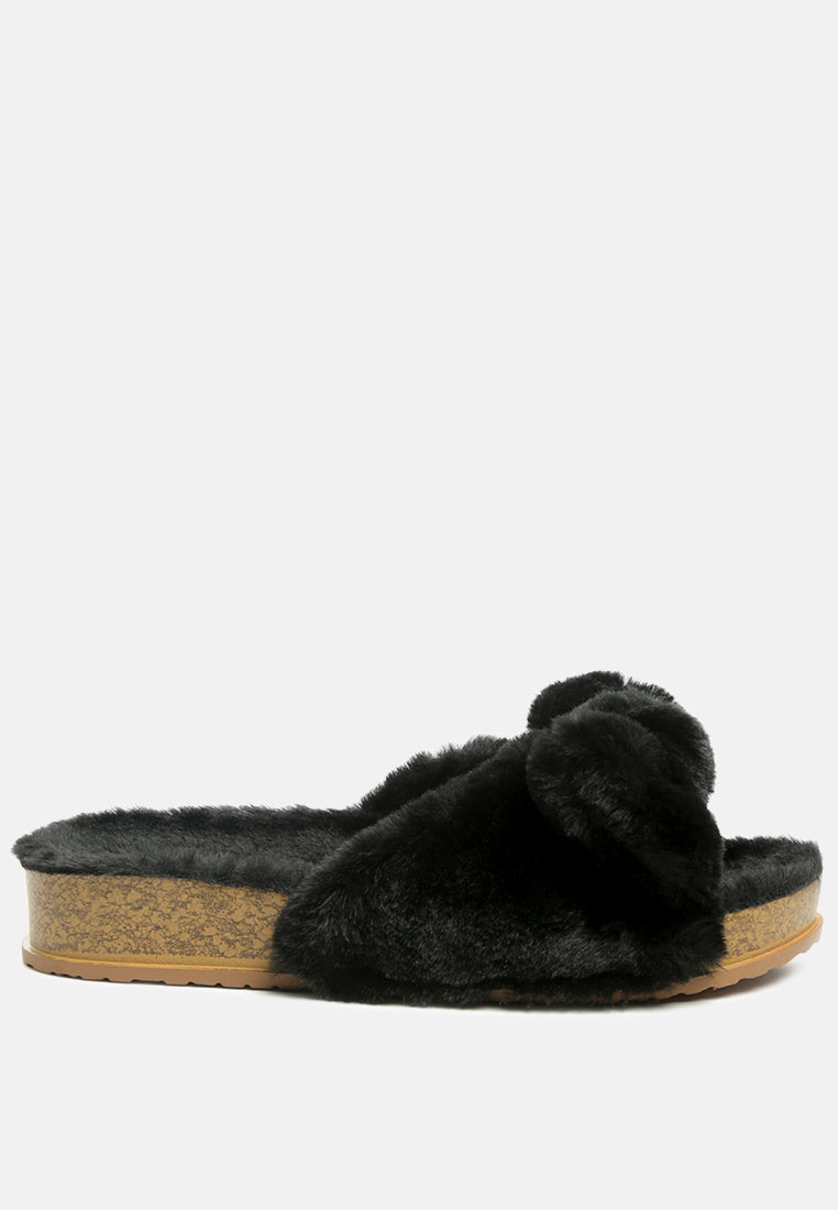 Fuzz Bow Fur Flats showcasing faux fur upper, stylish bow detail, and open toe design, perfect for indoor comfort.