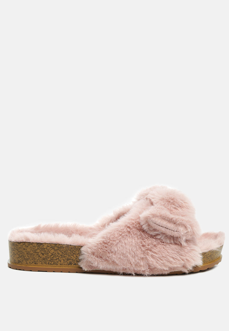 Fuzz Bow Fur Flats showcasing faux fur upper, stylish bow detail, and open toe design, perfect for indoor comfort.