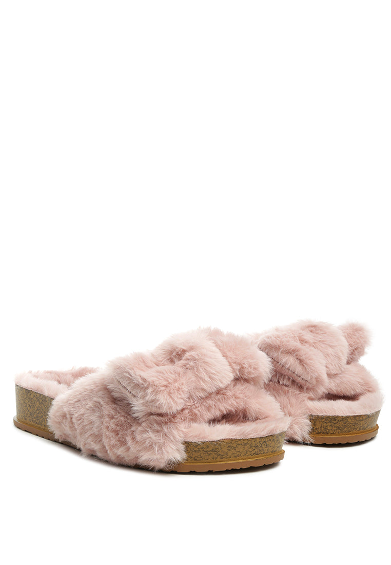 Fuzz Bow Fur Flats showcasing faux fur upper, stylish bow detail, and open toe design, perfect for indoor comfort.