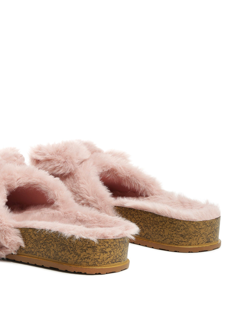 Fuzz Bow Fur Flats showcasing faux fur upper, stylish bow detail, and open toe design, perfect for indoor comfort.