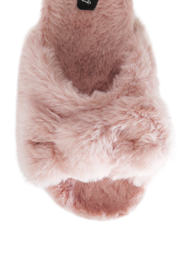 Fuzz Bow Fur Flats showcasing faux fur upper, stylish bow detail, and open toe design, perfect for indoor comfort.