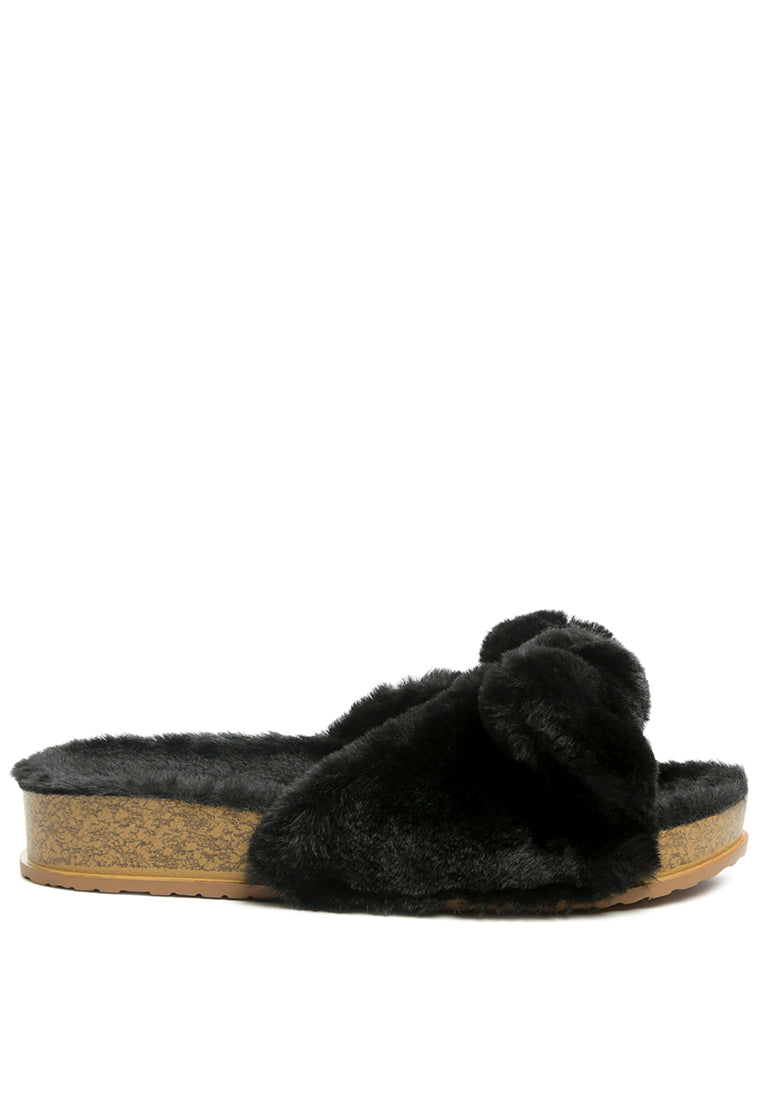 Fuzz Bow Fur Flats showcasing faux fur upper, stylish bow detail, and open toe design, perfect for indoor comfort.