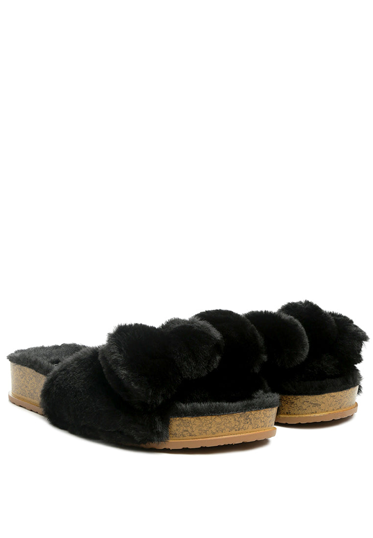 Fuzz Bow Fur Flats showcasing faux fur upper, stylish bow detail, and open toe design, perfect for indoor comfort.