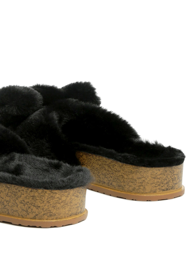 Fuzz Bow Fur Flats showcasing faux fur upper, stylish bow detail, and open toe design, perfect for indoor comfort.