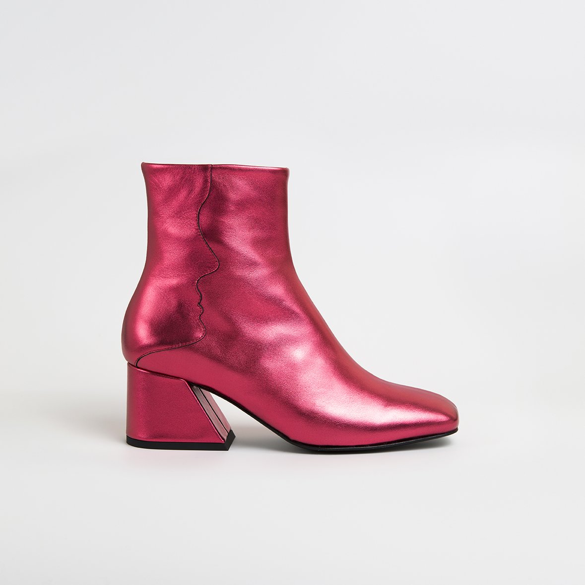 GALAXY Red Metallic Boots featuring a square toe, oblique heel, and side zipper closure, handcrafted in Portugal.