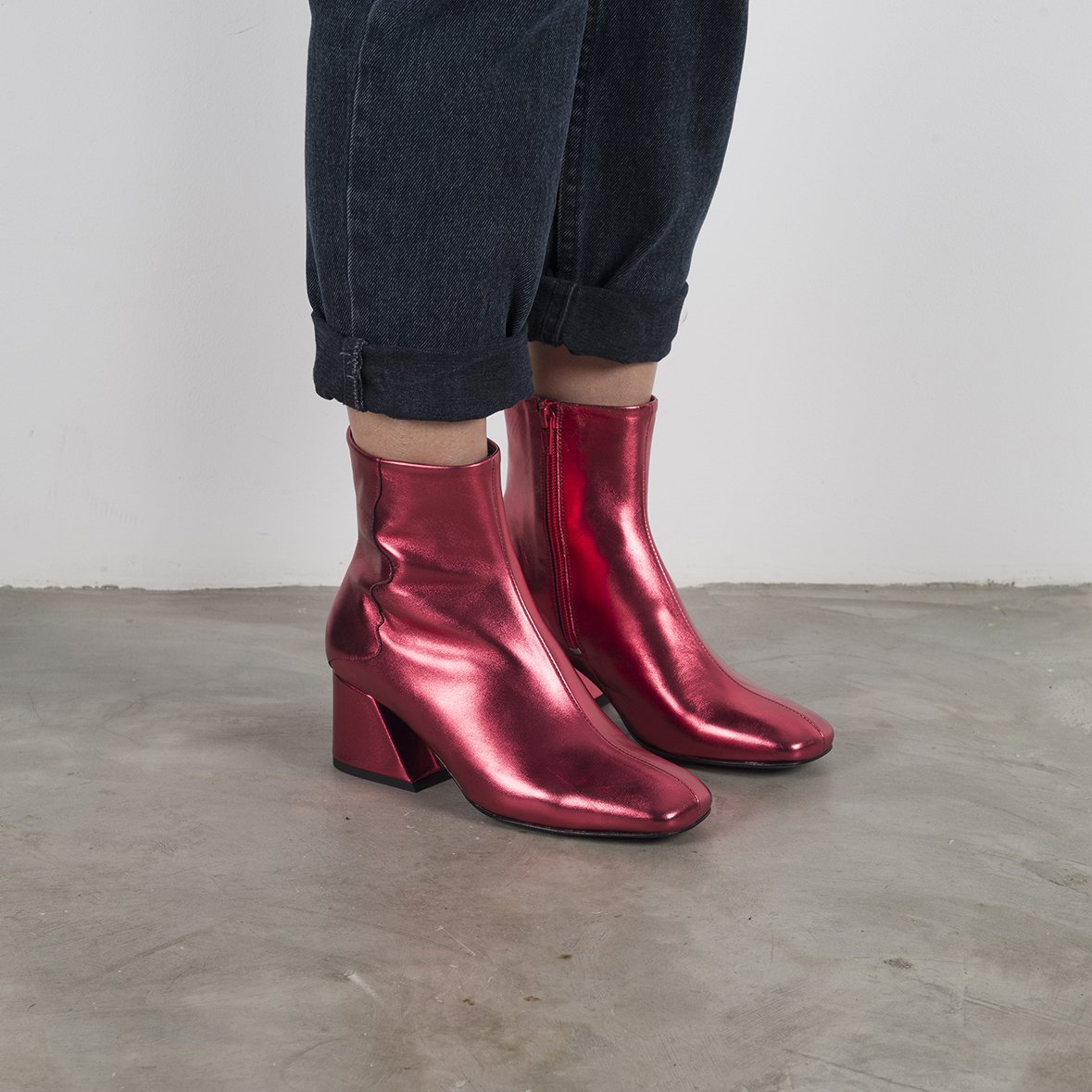 GALAXY Red Metallic Boots featuring a square toe, oblique heel, and side zipper closure, handcrafted in Portugal.