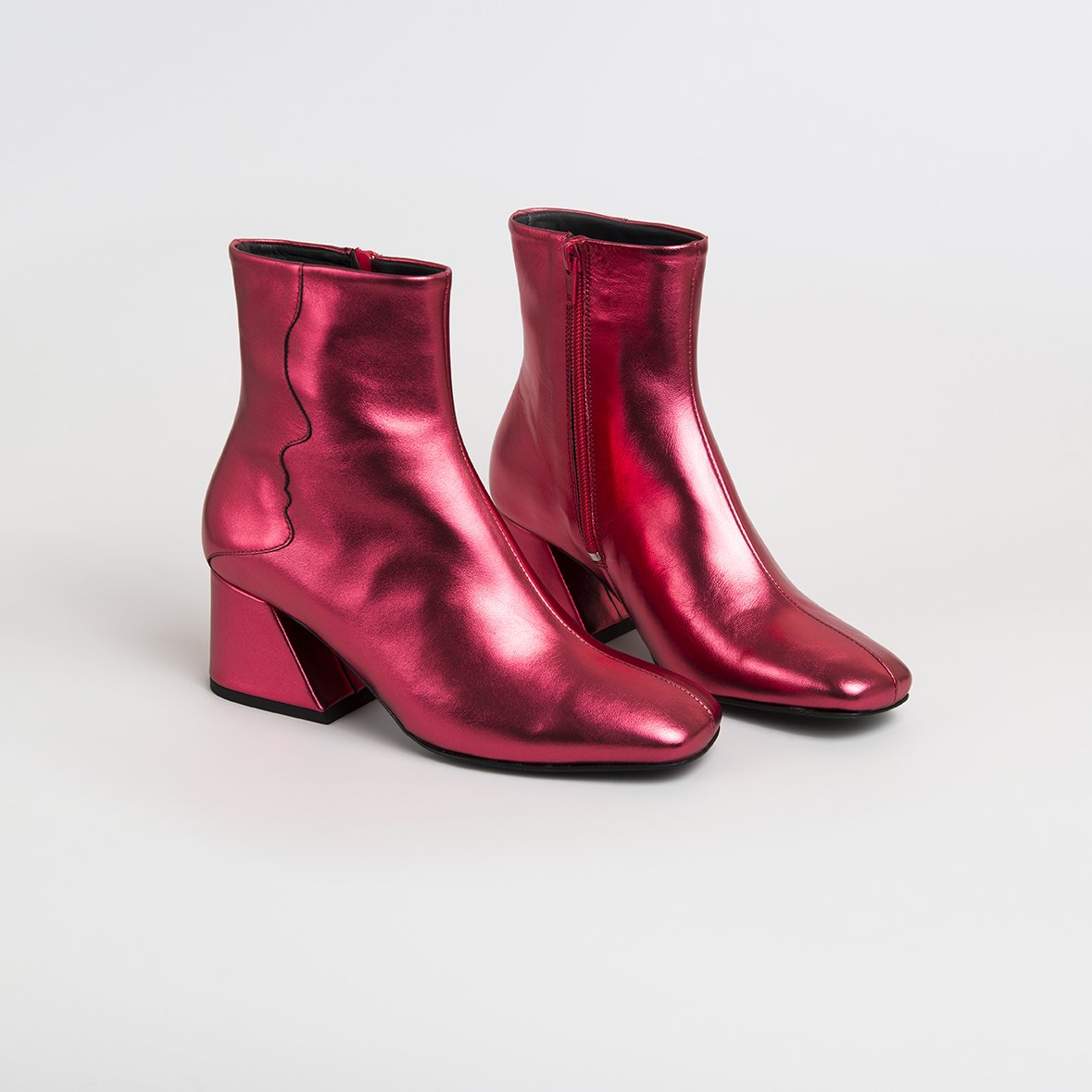 GALAXY Red Metallic Boots featuring a square toe, oblique heel, and side zipper closure, handcrafted in Portugal.