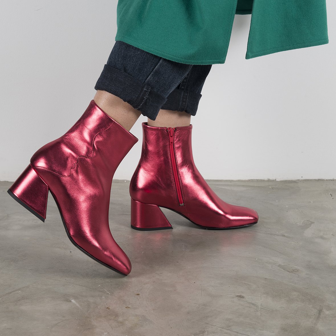 GALAXY Red Metallic Boots featuring a square toe, oblique heel, and side zipper closure, handcrafted in Portugal.