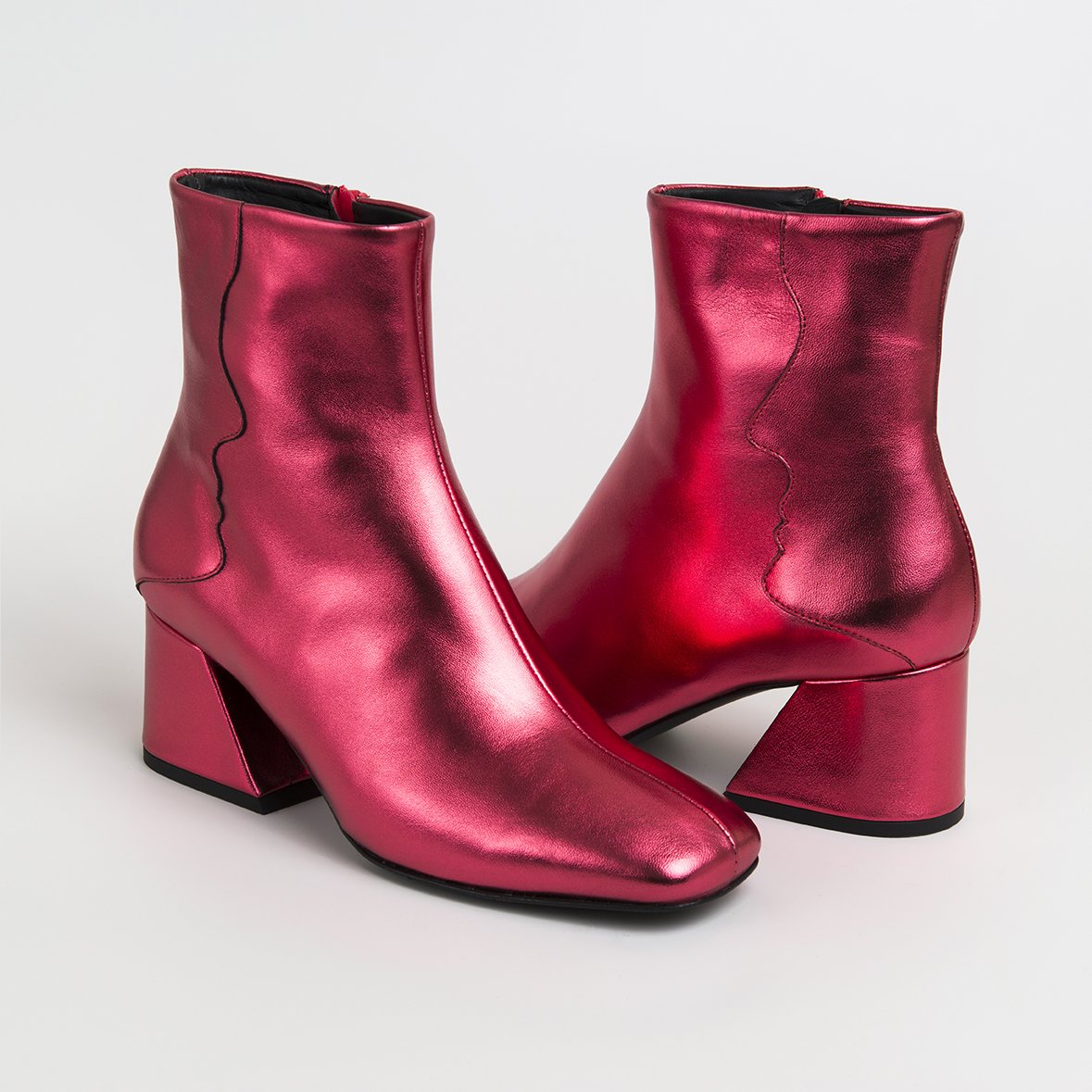 GALAXY Red Metallic Boots featuring a square toe, oblique heel, and side zipper closure, handcrafted in Portugal.