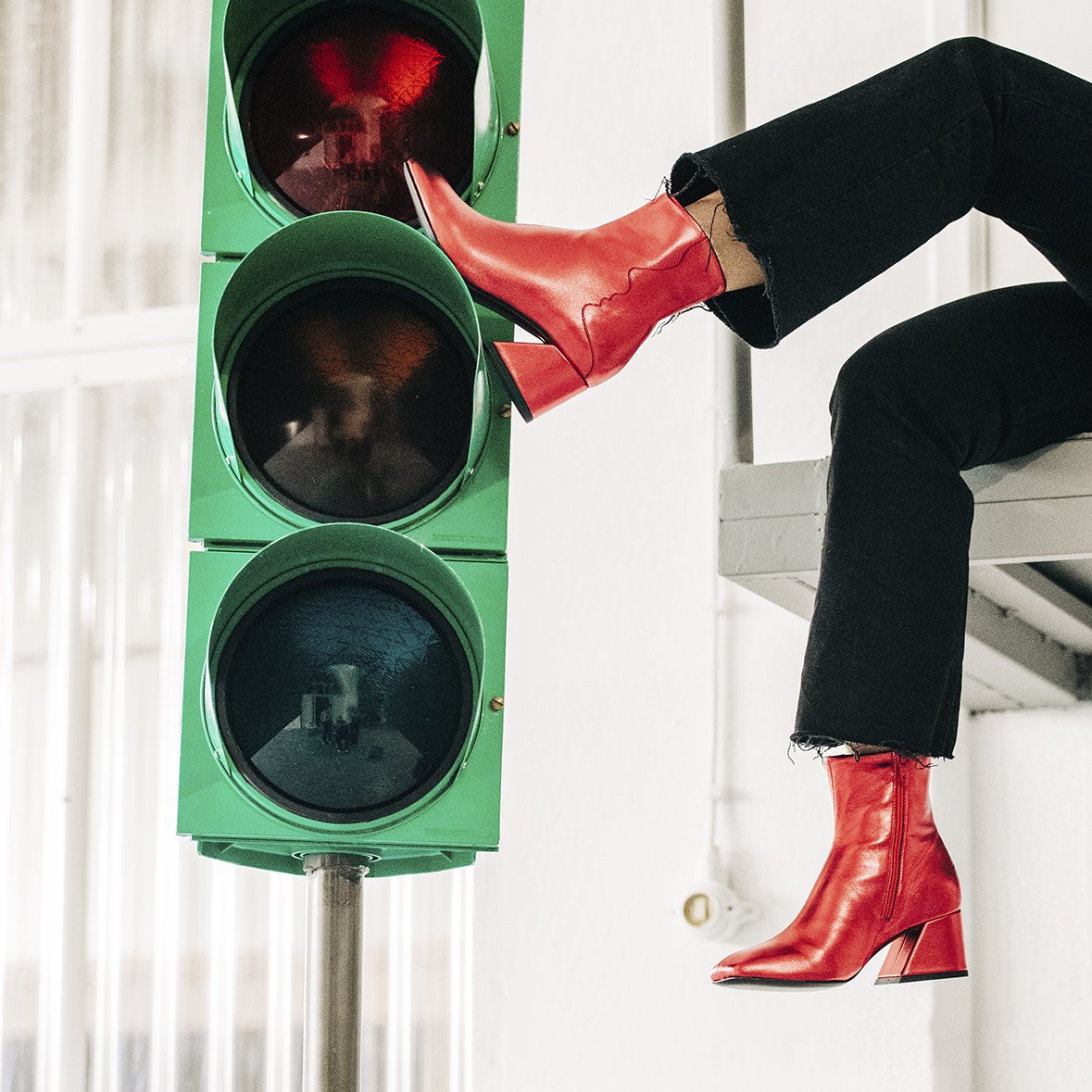 GALAXY Red Metallic Boots featuring a square toe, oblique heel, and side zipper closure, handcrafted in Portugal.