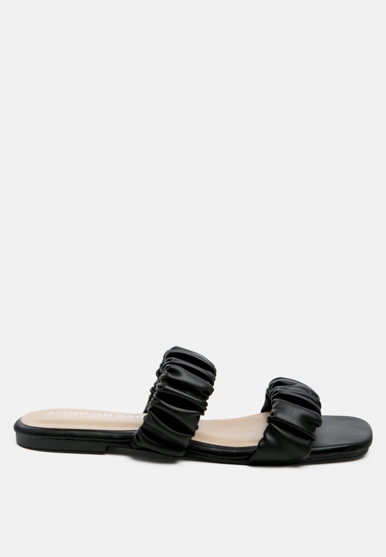 Gather Sparks Strap Slip-On Flat showcasing a trendy square toe and gathered faux leather design, perfect for stylish comfort.