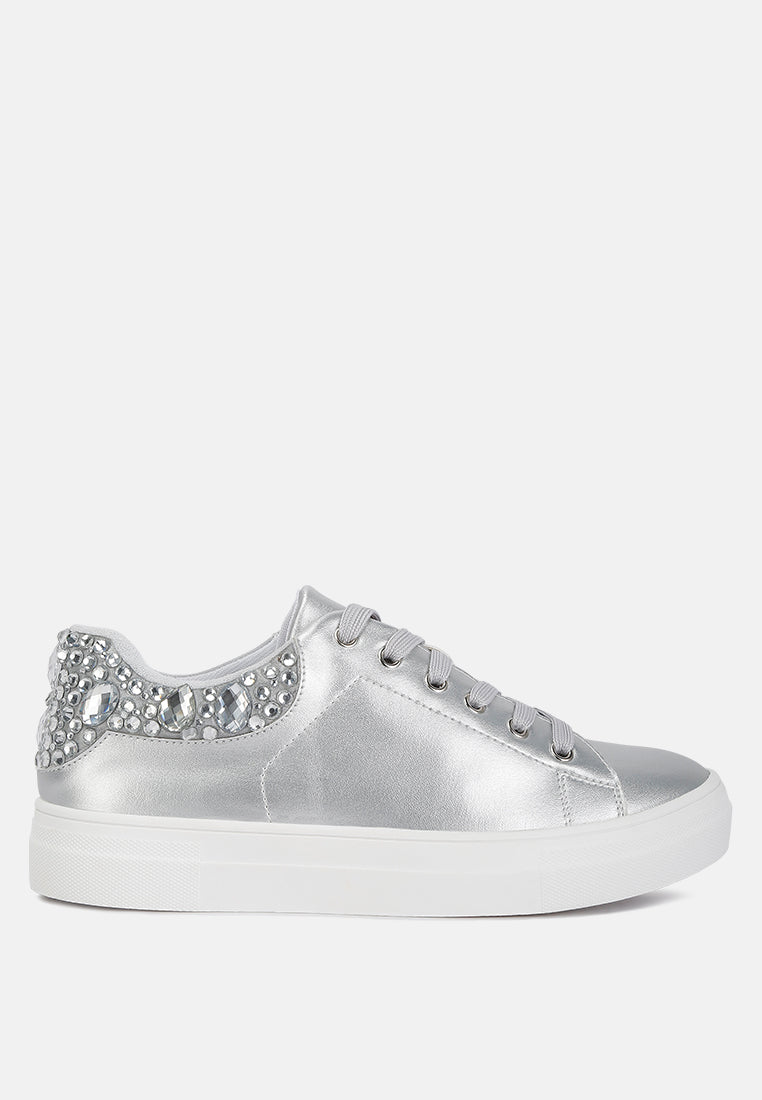 Gems Sneakers featuring diamante embellishments on faux leather, showcasing a stylish and casual design.