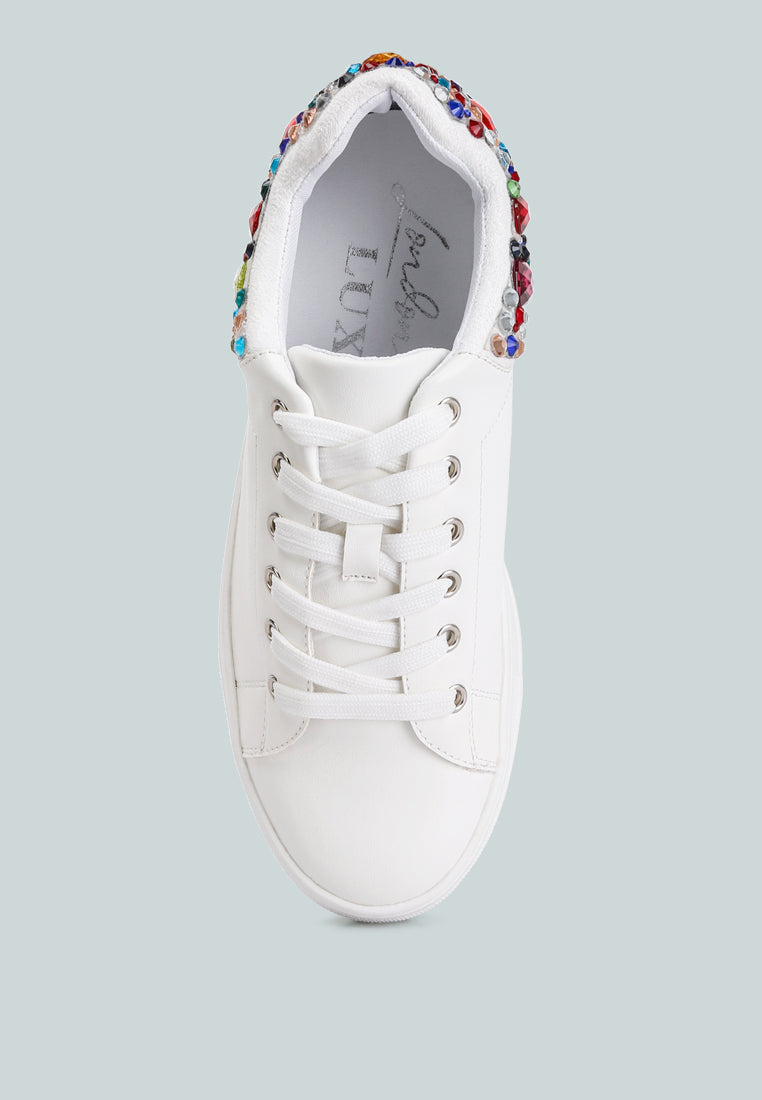 Gems Sneakers featuring diamante embellishments on faux leather, showcasing a stylish and casual design.