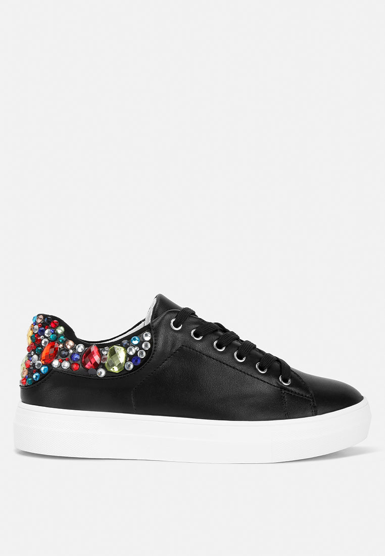 Gems Sneakers featuring diamante embellishments on faux leather, showcasing a stylish and casual design.