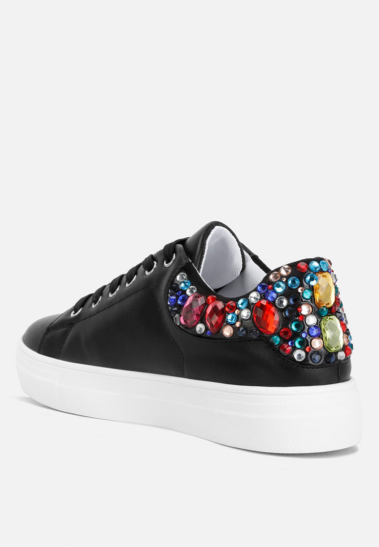 Gems Sneakers featuring diamante embellishments on faux leather, showcasing a stylish and casual design.