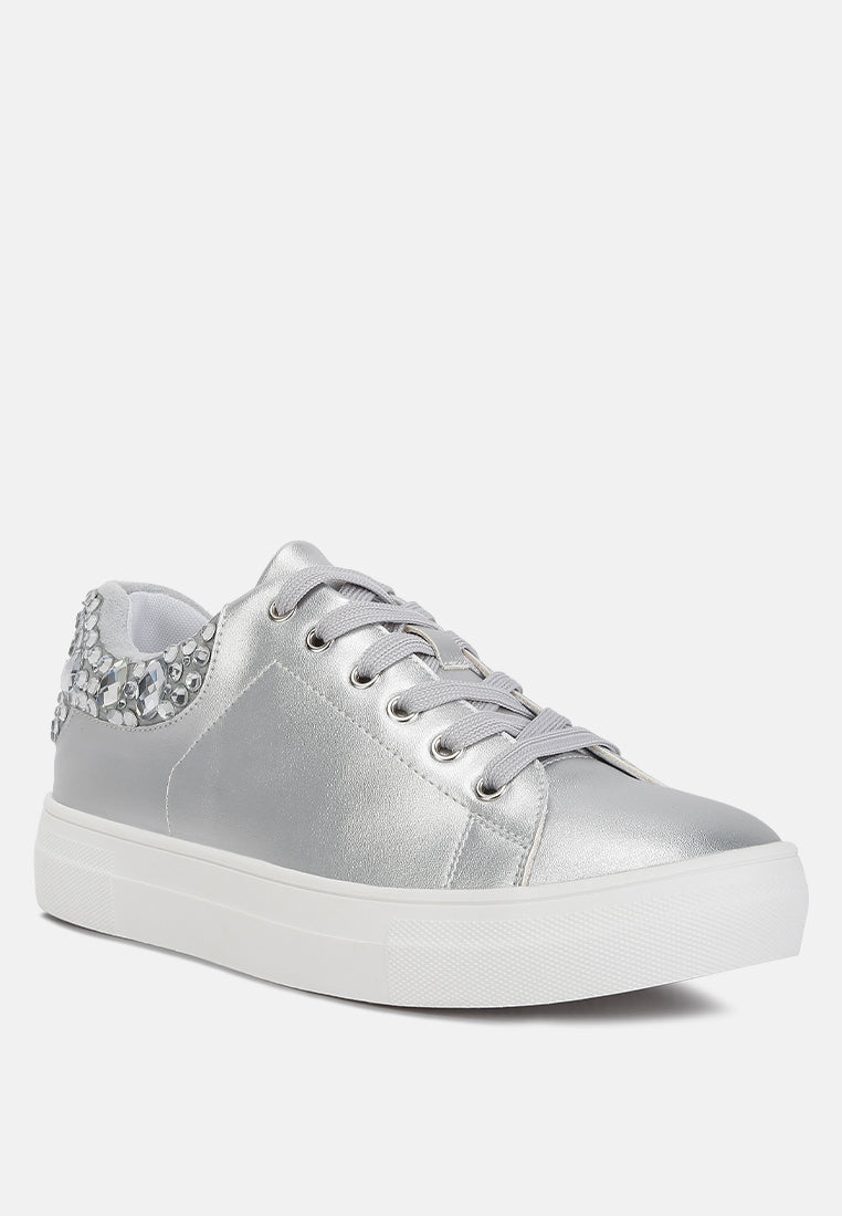 Gems Sneakers featuring diamante embellishments on faux leather, showcasing a stylish and casual design.