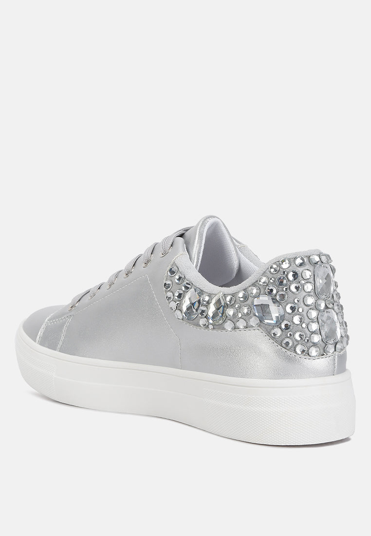 Gems Sneakers featuring diamante embellishments on faux leather, showcasing a stylish and casual design.