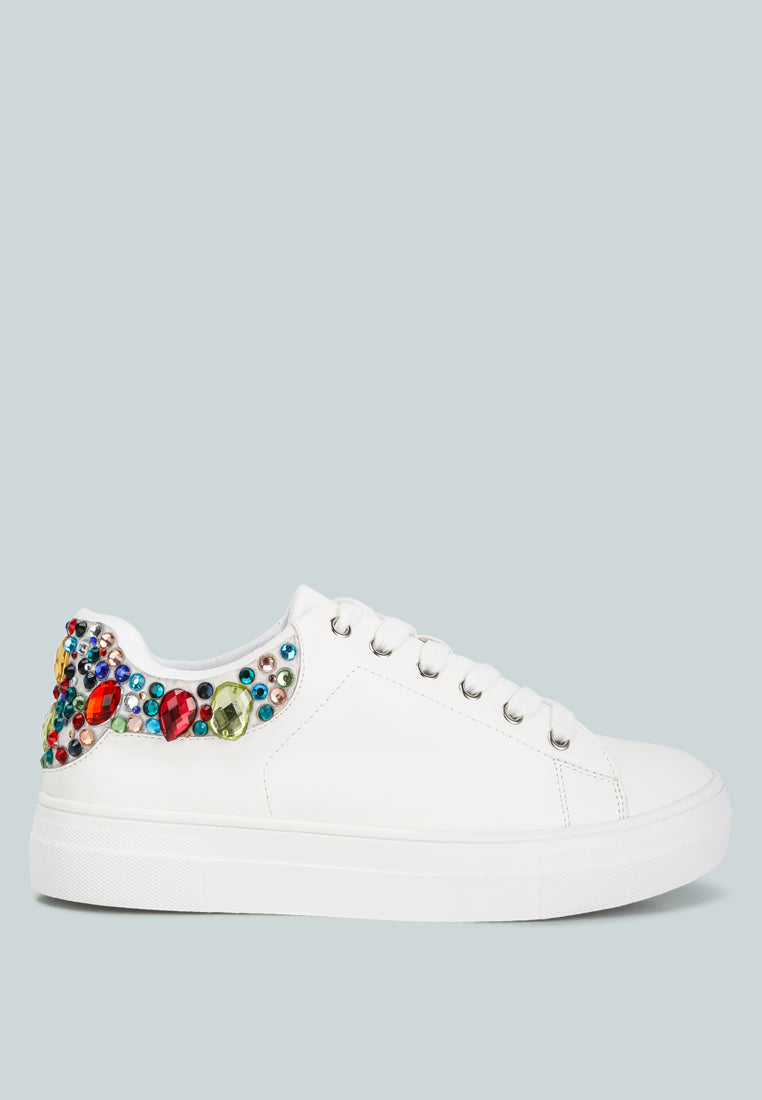 Gems Sneakers featuring diamante embellishments on faux leather, showcasing a stylish and casual design.