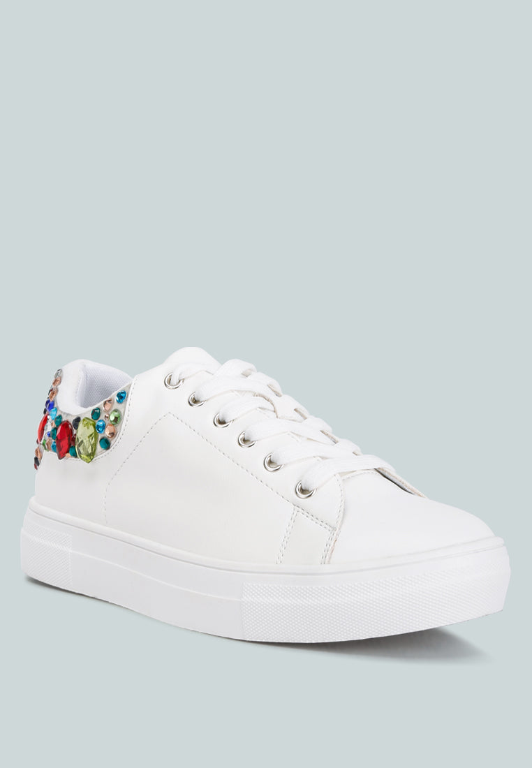 Gems Sneakers featuring diamante embellishments on faux leather, showcasing a stylish and casual design.