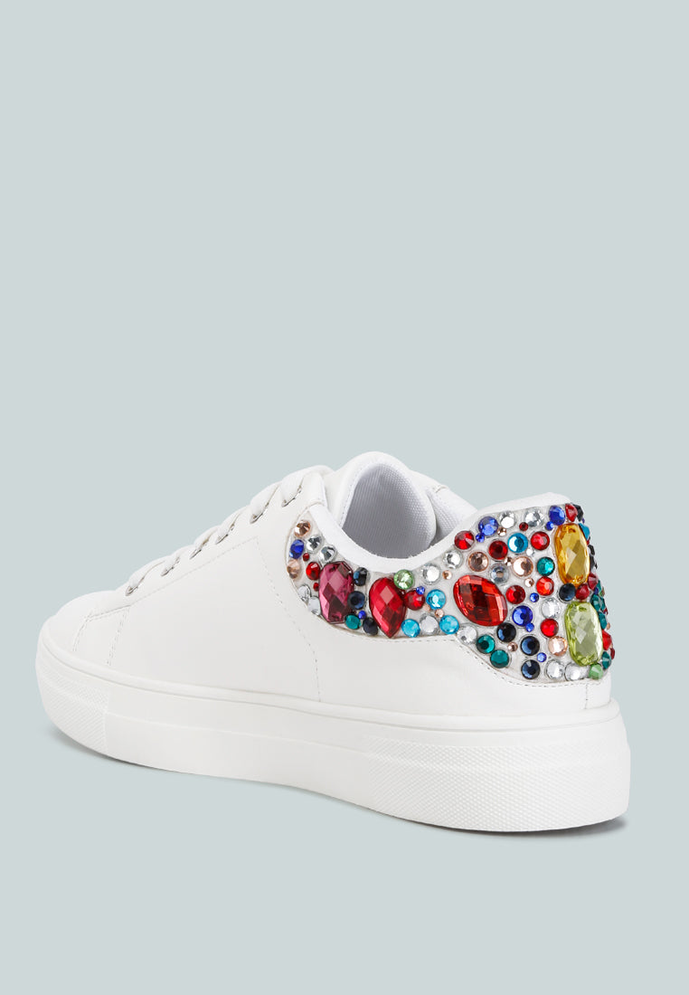 Gems Sneakers featuring diamante embellishments on faux leather, showcasing a stylish and casual design.