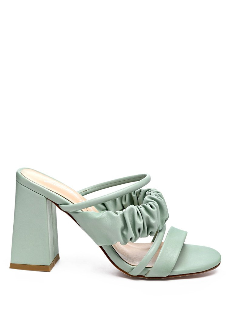 Genesis Ruched Strap Block Sandals in vibrant Green and Yellow with stylish ruched straps and high block heels.