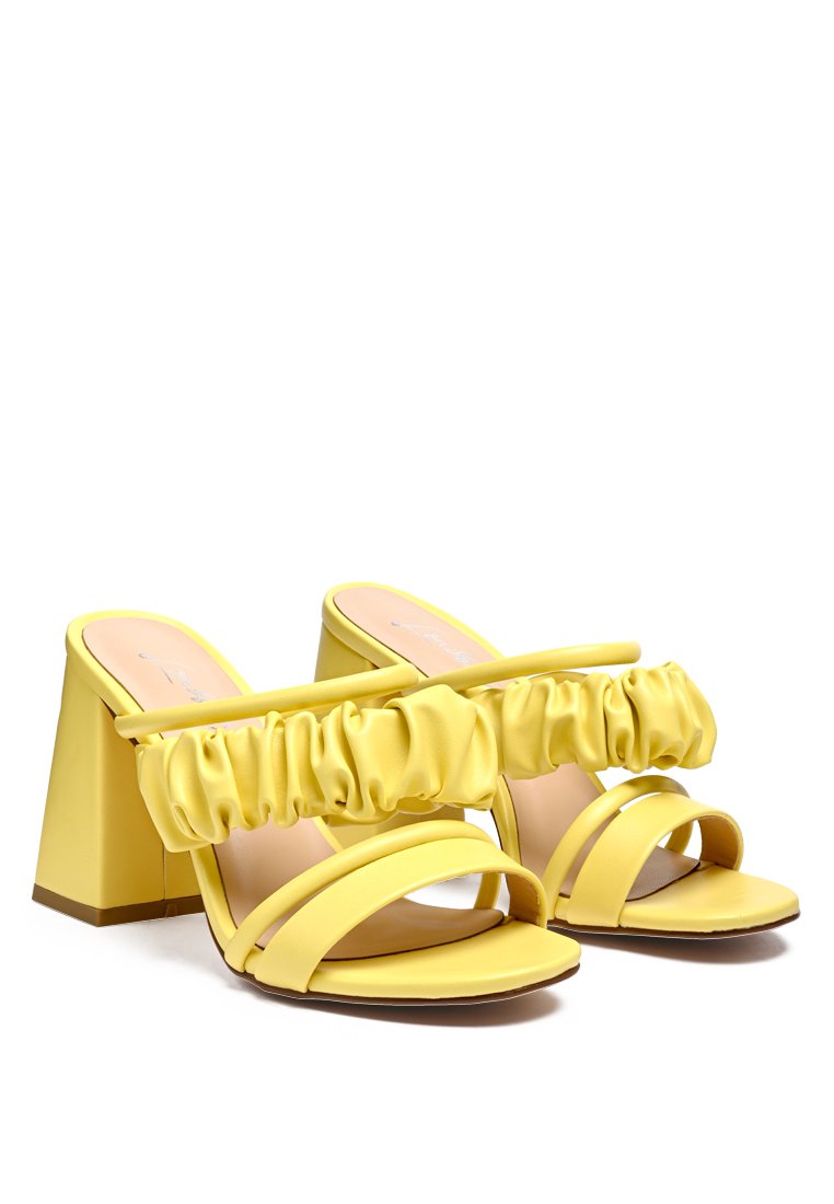 Genesis Ruched Strap Block Sandals in vibrant Green and Yellow with stylish ruched straps and high block heels.