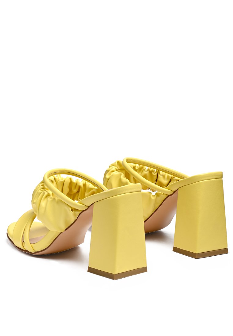 Genesis Ruched Strap Block Sandals in vibrant Green and Yellow with stylish ruched straps and high block heels.