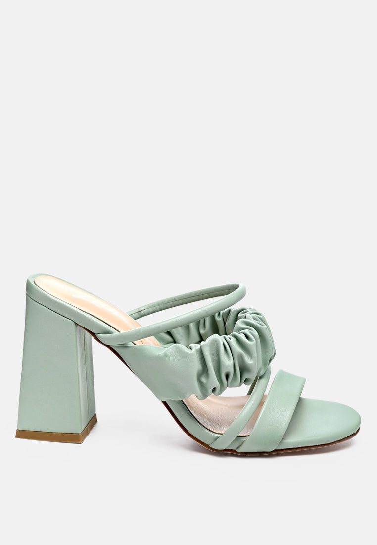 Genesis Ruched Strap Block Sandals in vibrant Green and Yellow with stylish ruched straps and high block heels.