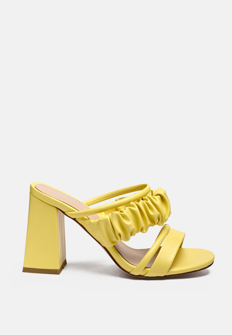 Genesis Ruched Strap Block Sandals in vibrant Green and Yellow with stylish ruched straps and high block heels.