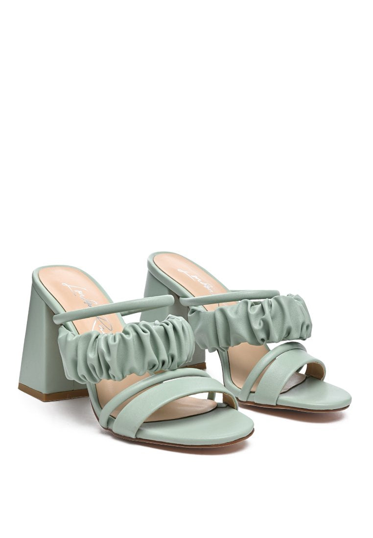 Genesis Ruched Strap Block Sandals in vibrant Green and Yellow with stylish ruched straps and high block heels.