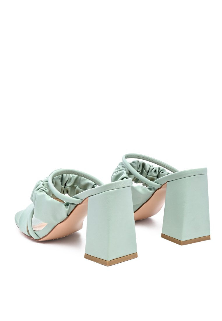 Genesis Ruched Strap Block Sandals in vibrant Green and Yellow with stylish ruched straps and high block heels.