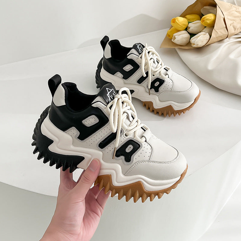 Genuine Leather Deodorant Women's Sports Shoes in black and beige with thick rubber soles, showcasing stylish design and comfort.