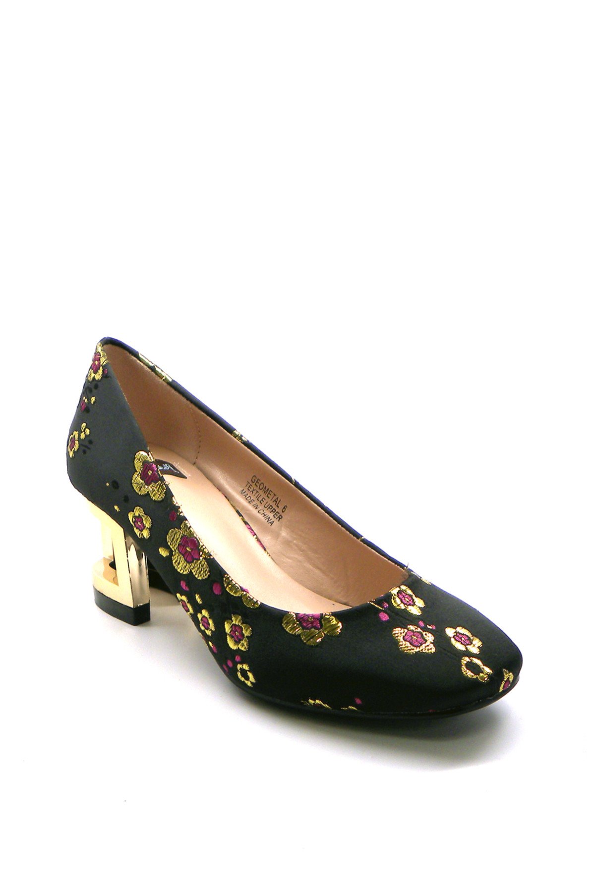 GEOMETAL shoe featuring an embroidered brocade upper and a metallic gold 2.5-inch heel, showcasing elegance and style.