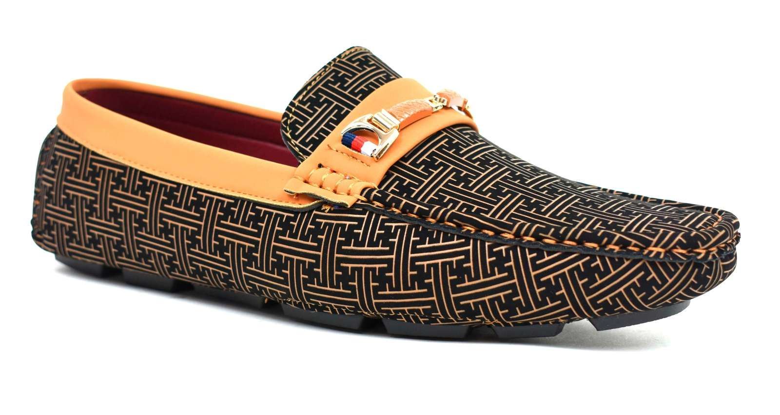 Stylish camel loafers featuring a unique geometric design, made from synthetic material for comfort and durability.