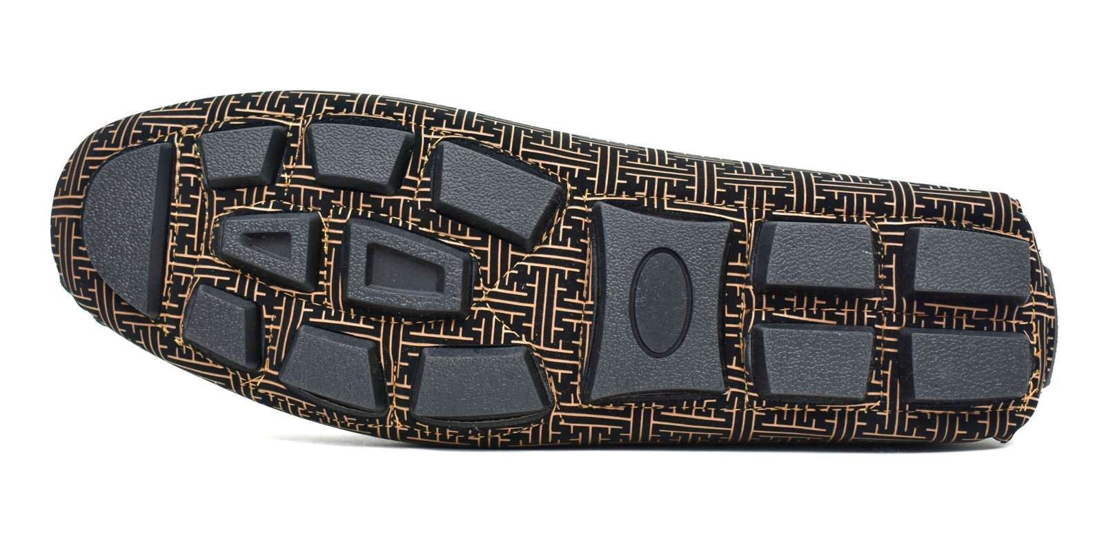 Stylish camel loafers featuring a unique geometric design, made from synthetic material for comfort and durability.