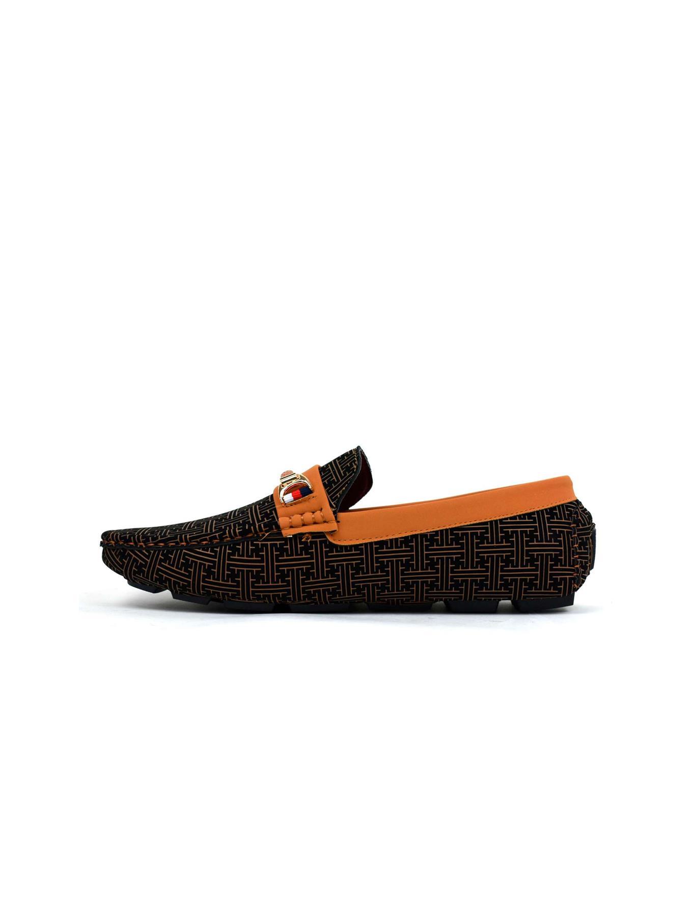 Stylish camel loafers featuring a unique geometric design, made from synthetic material for comfort and durability.