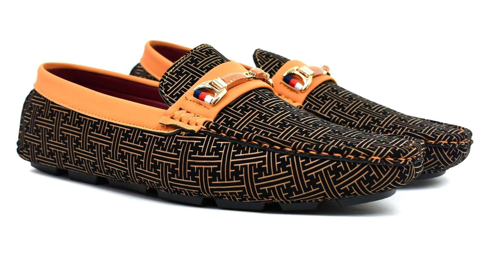 Stylish camel loafers featuring a unique geometric design, made from synthetic material for comfort and durability.