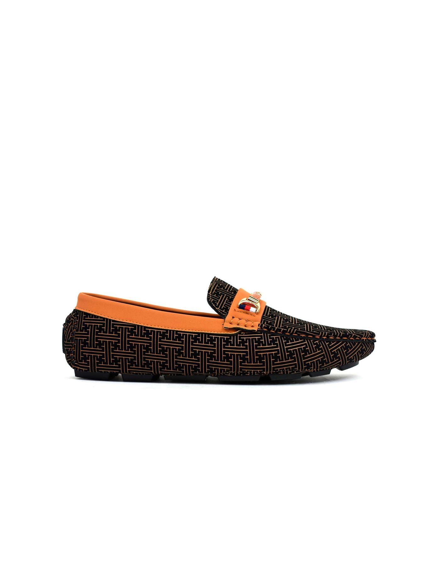 Stylish camel loafers featuring a unique geometric design, made from synthetic material for comfort and durability.