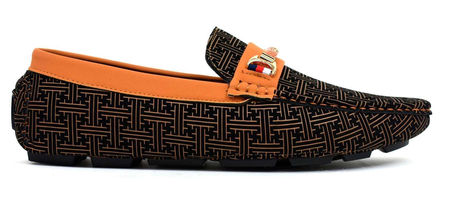 Stylish camel loafers featuring a unique geometric design, made from synthetic material for comfort and durability.