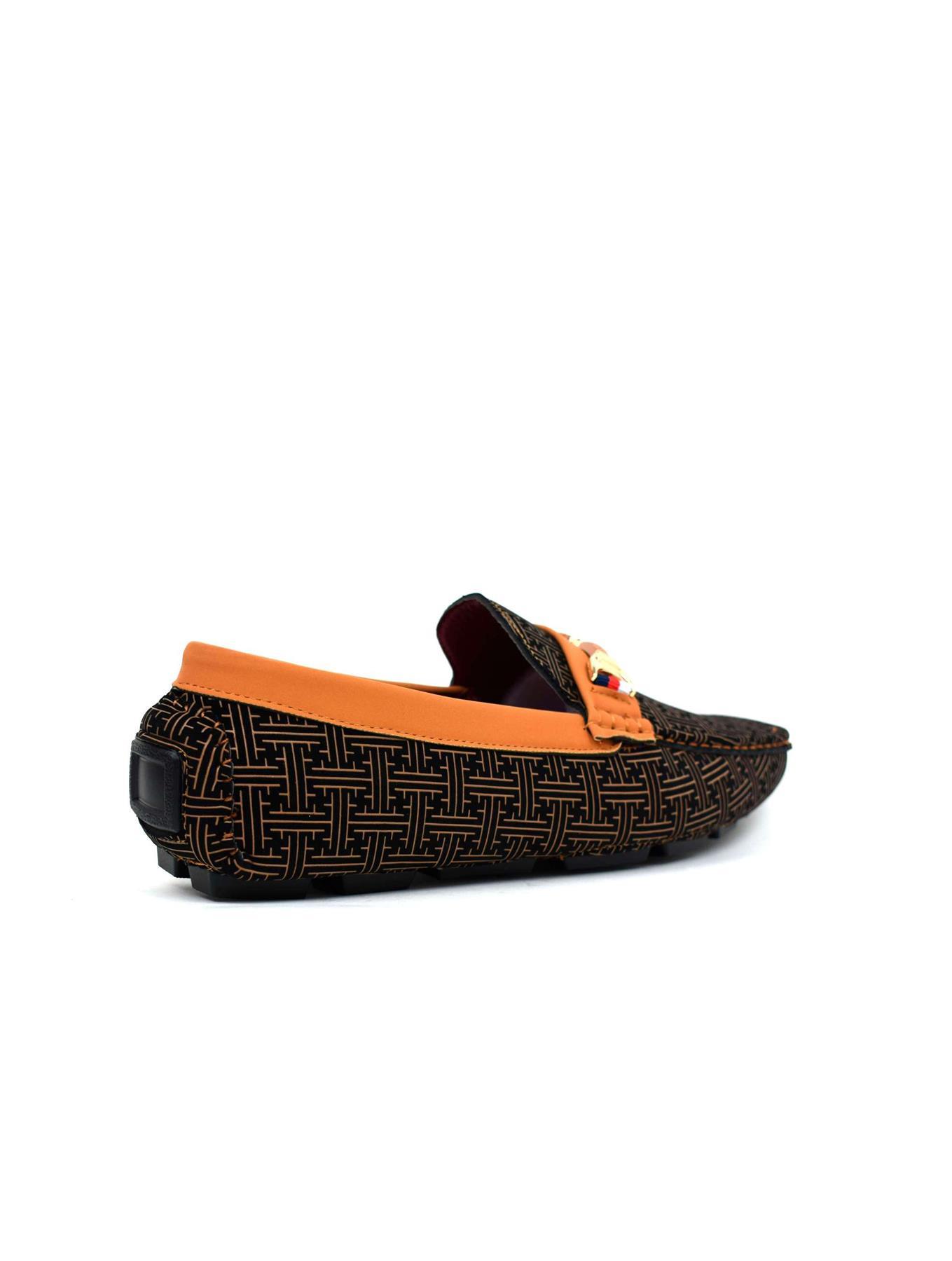 Stylish camel loafers featuring a unique geometric design, made from synthetic material for comfort and durability.