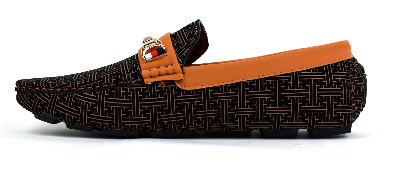 Stylish camel loafers featuring a unique geometric design, made from synthetic material for comfort and durability.