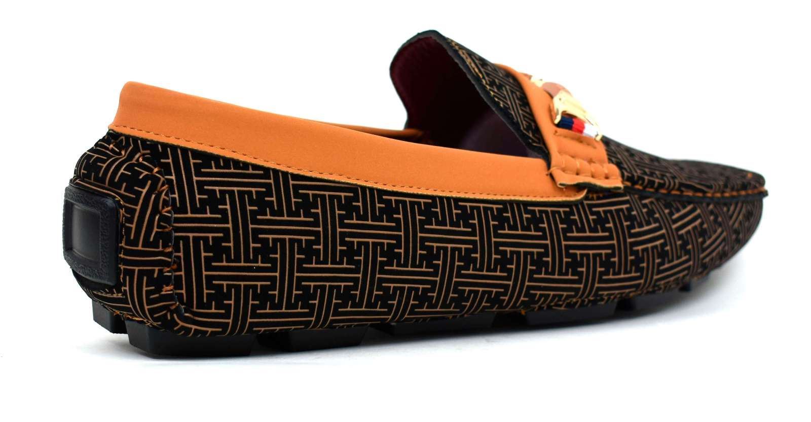 Stylish camel loafers featuring a unique geometric design, made from synthetic material for comfort and durability.