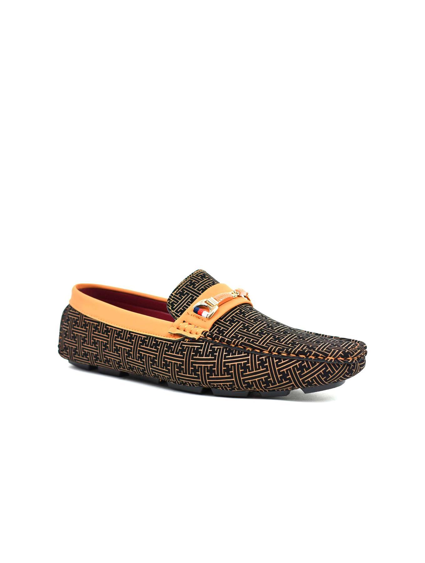 Stylish camel loafers featuring a unique geometric design, made from synthetic material for comfort and durability.