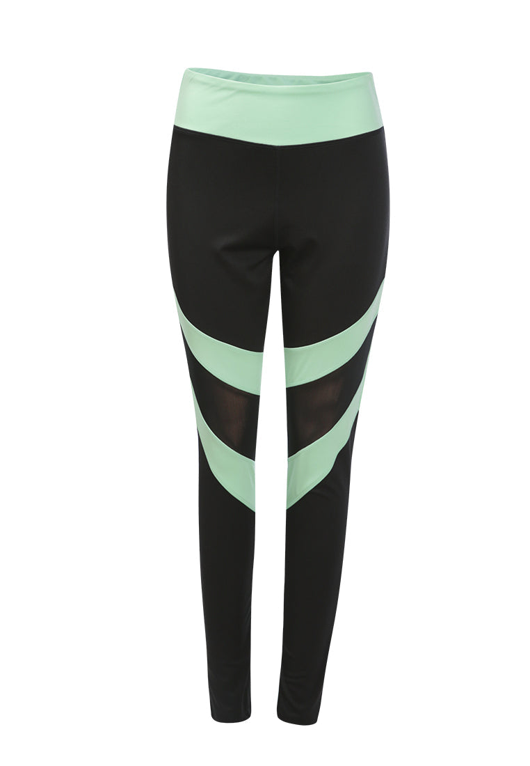 Geometric Paneled Mesh Yoga Leggings in black with white side seams, showcasing a high-rise fit and broad elastic waistband.